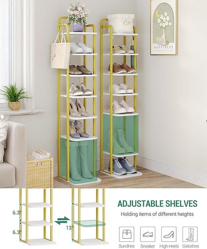 8 Tiers Vertical Shoe Rack, Narrow Shoe Tower, Tall Shoes Shelf with 2 Hooks, Adjustable Shelves, Corner Shoes Shelves for Small Spaces, Entryway, Living Room, White Gold SR04313A