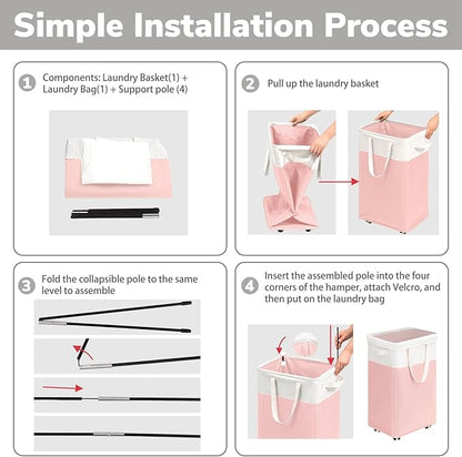 Goodpick Laundry Basket with Wheels 2-Pack, 75L Tall Clothes Hamper, Large Laundry Basket with Removable Wash Bag for Corner Dorm, Rolling Hamper, Pink&White