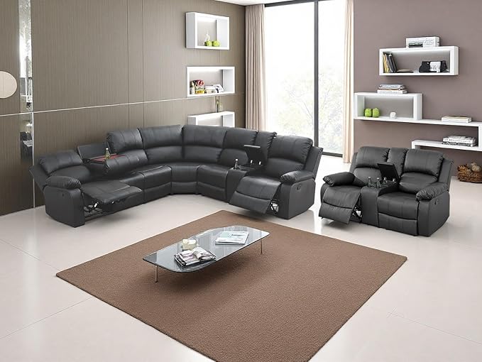 Black Leather Sectional Recliner Sofa Set with 4 Recliner Seats, Living Room Furniture Sets, Reclining Sectional Sofa Loveseat with Drop-down Table, Cup Holders,Storage Console for Living Room