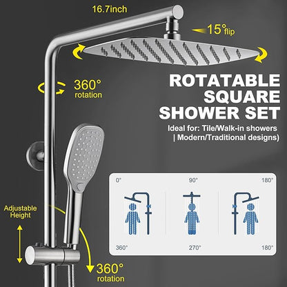 SonTiy Rain Shower Head with Handheld Spray and Shower Shelf, All Metal Shower System Kit with Hand Shower, Height Adjustable Holder and Brass Diverter for Whole Family, 2.5GPM,Brushed Nickel
