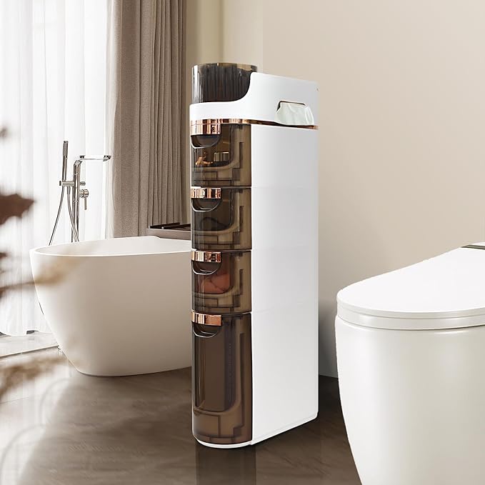 Slim Bathroom Storage,Slim Cabinet for Bathroom,Narrow Movable Bathroom Storage Organizer for Small Spaces,Bathroom,Kitchen,Living Room (4-Tiers)