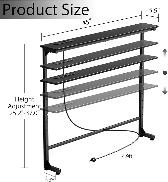 45 inch Narrow Console Table with Outlet,Adjustable Height(25"-37") Behind Sofa Table,Couch Behind Table Skinny,Couch Shelf with Charging Station,Long Entryway Tables for Living Room,Black