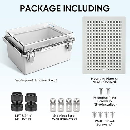 TICONN Outdoor Electrical Box Waterproof, Junction Box IP67 ABS Plastic Enclosure with Hinged Cover with Mounting Plate, Wall Brackets, Cable Glands (Clear, 8.7"x6.7"x4.3")