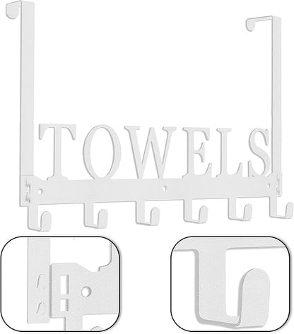 Over The Door Rack, Towel Hooks for Bathroom, Bath Towel Holder Door Mount Metal Towel Hanger for Bedroom Kitchen Pool Beach Towels Bathrobe Wall Mount Towel Rack for Bathrooms (6 Hooks, White)