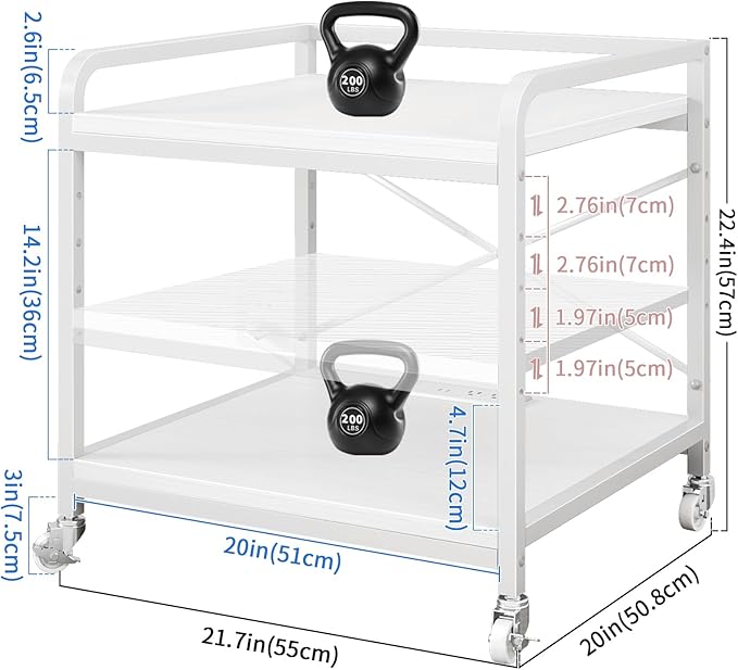 Under Desk Printer Stand with Power Outlet Large Printer Table with Adjustable Shelf,Industrial Wheels, 20 Inches Deep 2 Tier Rolling Printer Cart for Home Office, White