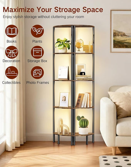5-Tier Corner Bookshelf with LED Lights, Touch & Remote Control, 3 Color Temperatures, Dimmable Narrow Display Shelf for Living Room, Bedroom, Office (Rustic Brown)