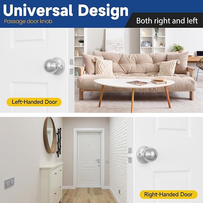 Passage Door Knob - Closet Door Knobs, Keyless Doorknob Interior Door Knob Without Lock for Hallway, 2 Pack, Satin Nickel