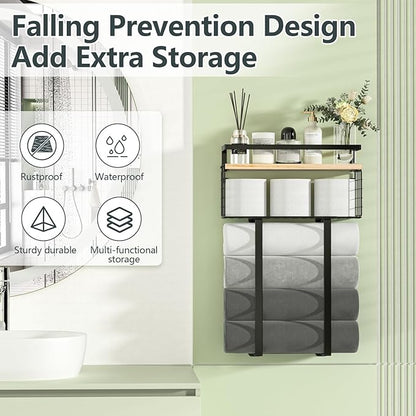 Towel Racks for Bathroom, Metal Towel Holder with Storage Basket,Wall Towel Rack for Rolled Towels, Towel Storage for Small Bathroom.