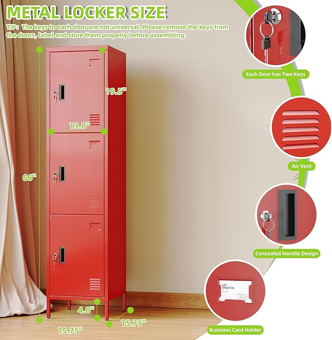Metal Locker with Hooks and Ventilation Holes,Metal Storage Locker with Keys and Business Card Slot for Home,Gym,Garage,School,Office,66" H x 15.75" W x 15.75" D,Assembly Required,Red
