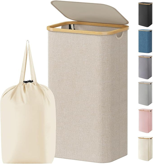 Lifewit 100L Laundry Basket with Lid, Clothes Hampers for Laundry with Bamboo Handles and 1 Removable Bag, Large Foldable Laundry Hamper for Bedroom, Bathroom, Dorm, Laundry Room, Beige
