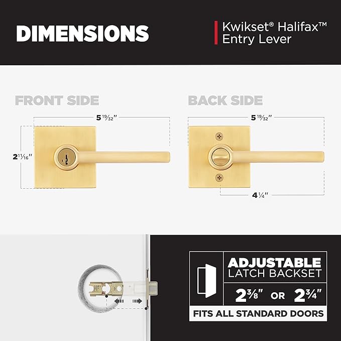 Kwikset Halifax Entry Door Handle with Lock and Key, Secure Keyed Reversible Lever Exterior, for Front Entrance and Bedrooms, Satin Brass, Pick Resistant Smartkey Rekey Security and Microban