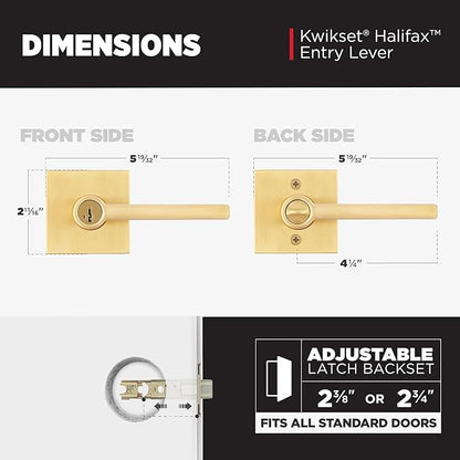 Kwikset Halifax Entry Door Handle with Lock and Key, Secure Keyed Reversible Lever Exterior, for Front Entrance and Bedrooms, Satin Brass, Pick Resistant Smartkey Rekey Security and Microban