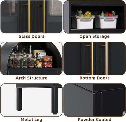 Metal Arched Pantry Cabinet,Black Arched Kitchen Pantry Cabinet with 4 Doors for Kitchen Home, Assemble Required,Black,72.83"×30.71" W×15.35" D