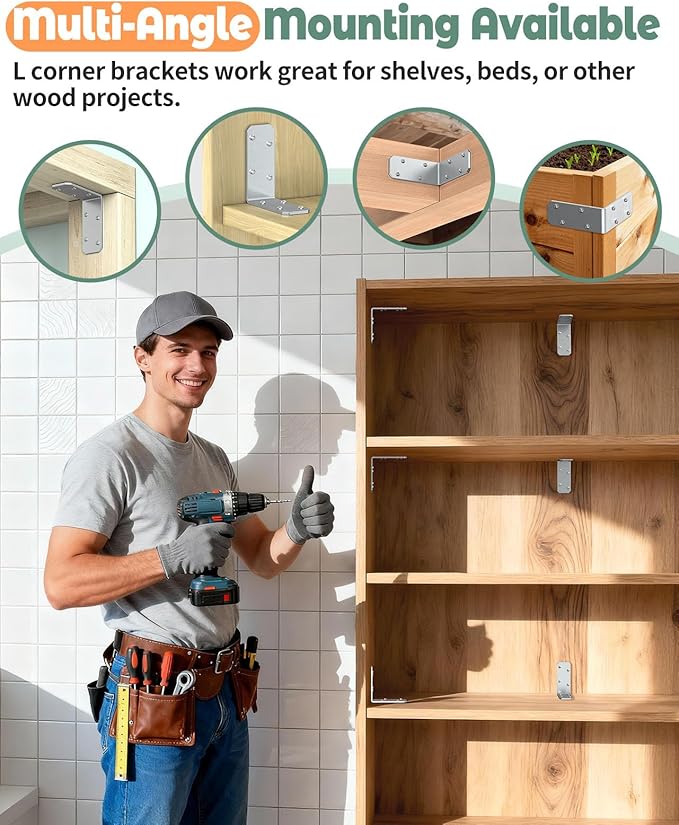 3"x3" L Brackets, 90 Degree Angle Iron, Heavy Duty Steel Corner Brace for Wood Shelves, Post, Floating Shelves, Desk (Galvanized-4 Pcs)