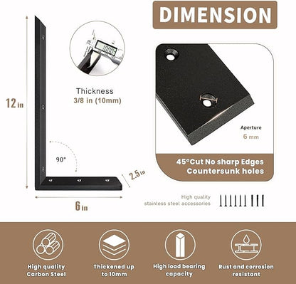 Countertop Support Bracket 12 Inch 4 Pack Countertop Bracket for Granite 3/8" Thick 12"x6"x2.5" Heavy Duty L Brackets Shelf Brackets Metal Corbels for Quartz/Granite/Wood/Concret/ Laminate Countertops