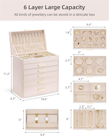 Vlando 6 Layer Large Jewelry Box - Jewelry Holder Organizer, Jewelry Box Organizer for Drawer Necklace Ring Bracelet and Watch, Birthday Gift for Loved Ones - Pink