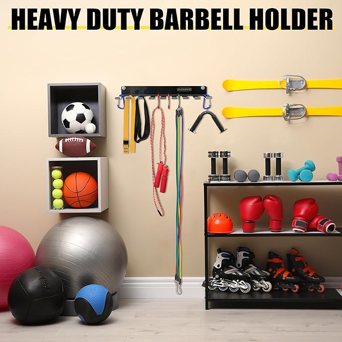 Wall-Mounted Gym Organizer, Barbell Holder Wall Mount, Resistance Band Storage Rack, Home Gym Accessories Holder