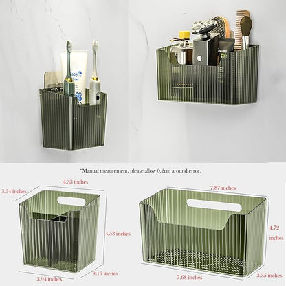 Set Of 2 Storage Organizer Bins Wall Mounted Shower Caddy, Bathroom shelves Stackable Clear Plastic Toothbrush Holder Adhesive Hanging Bin for Bathroom, Kitchen, Cabinet, Shower BPA Free Small (Green)