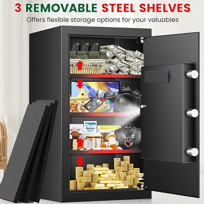 Large Safe, 7.0 Cubic Feet Safe Box With Fireproof Waterproof Bag, Anti-theft Home Document Safes with Digital Keypad, Spare Key, 3 Removable Shelves, Alert System for Home Business Valuables