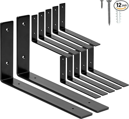 HEART ART 12 Pack Shelf Brackets 12 inch,L Brackets for Shelves,Black Heavy Duty Metal Shelf Brackets,12”x6”x1.4”