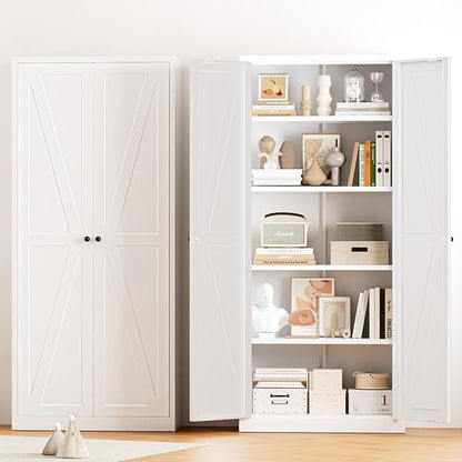 Greenvelly Metal Cabinet, 63" H White Metal Storage Cabinet with Doors and 4 Shelves, Pantry Storage Cabinet for Kitchen, Bedroom, Living Room, Office (Farmhouse)