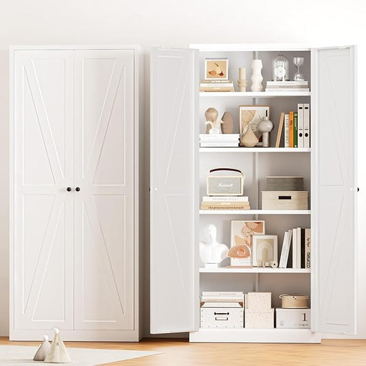 Greenvelly Metal Cabinet, 63" H White Metal Storage Cabinet with Doors and 4 Shelves, Pantry Storage Cabinet for Kitchen, Bedroom, Living Room, Office (Farmhouse)