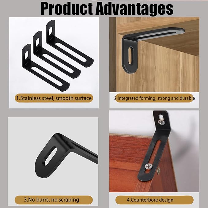 2"x1"x0.5"Adjustable Right Angle Brackets Metal L Bracket Heavy Duty 90 Degree Corner Fastener L-Shape Corner Brace Support Black Shelf Bracket , 10Pcs