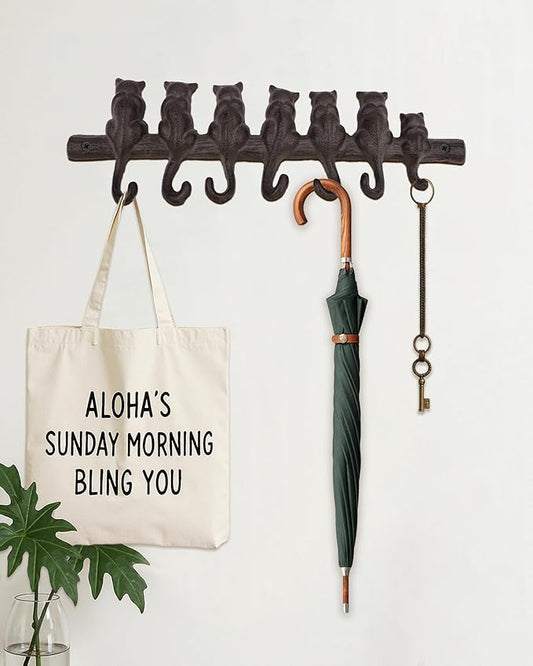 Cat Tail Wall Hooks for Hanging - Cast Iron Vintage Wall Decor Coat Rack - Vintage Rustic Design Hat Hooks for Kitchen, Entryway - Handmade Heavy Duty Key Hook