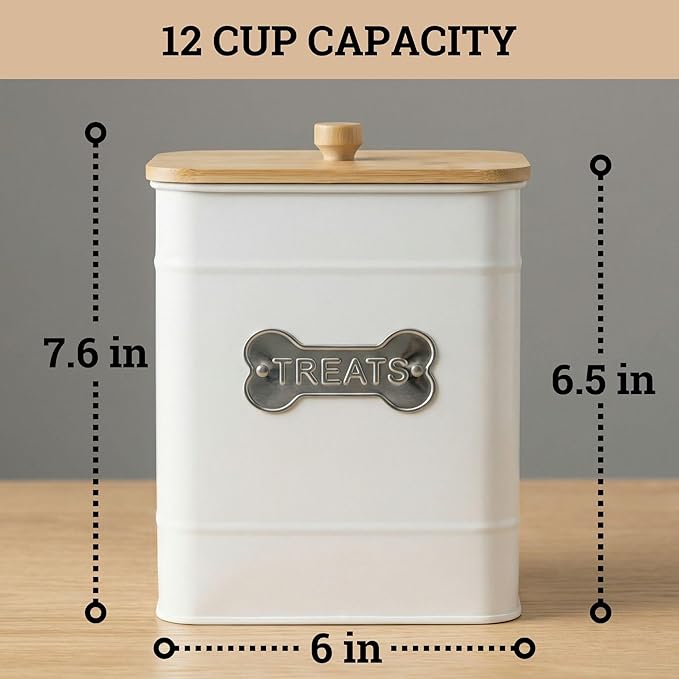 Dog Treat Container Airtight - 6 Inch Wide x 8 Inch Tall Iron Dog Treat Jar for Kitchen Counter with Airtight Bamboo Lid - 12 Cup Capacity Pet Treat Container - Doggie Cookie Jar - Big Treats Canister