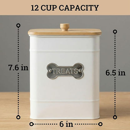 Dog Treat Container Airtight - 6 Inch Wide x 8 Inch Tall Iron Dog Treat Jar for Kitchen Counter with Airtight Bamboo Lid - 12 Cup Capacity Pet Treat Container - Doggie Cookie Jar - Big Treats Canister