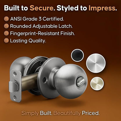 Copper Creek Privacy Interior Door Knob – ANSI Grade-3 Certified, Modern Heavy Duty Handle, Easy Install and Reversible for Bedroom, Bathroom & Closets – Satin Stainless (1 Pack)
