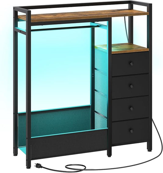 Bedroom Dresser with Clothes Rack, 4 Drawer Dresser with Charging Station and LED Light, Chest of Drawers for Bedroom, Closet Organizer with Hanging Rack and 2-Tier Shoe Rack, Rustic Brown