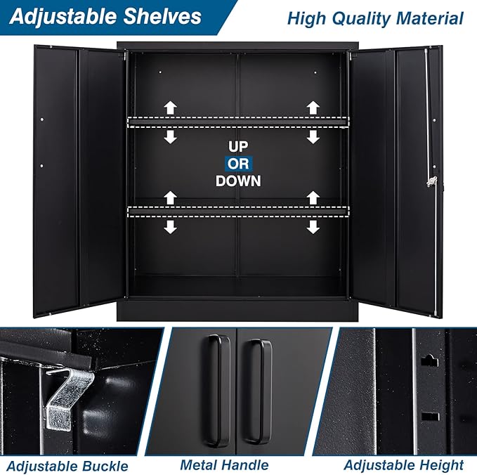Metal Storage Cabinet with Lock, 36" Small Steel Locker Storage Cabinets, 2 Adjustable Shelves 2 Doors for Home, Office, Garage and Kitchen (Black)