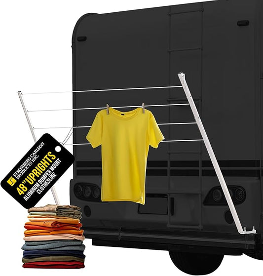 Stromberg Carlson CL-100 Bumper Mounted Clothesline - 48" aluminum foldable travel drying rack for RV Bumper, camper, and outdoor use; 84" hanging space, ideal RV clothesline and camping laundry rack.