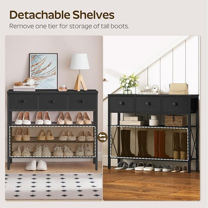 4-Tier Shoe Rack with 3 Drawers, Metal Shoe Organizer for 15 Pairs with Storage Shelves and Wooden Top, for Entryway, Hallway, Foyer, Closet, Black SS34BB