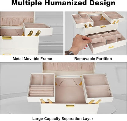 Dajasan Jewelry Organizer Box, Large Jewelry Boxes for Women Girls, Compact 3 Layers Jewelry Storage Case with Drawer, Movable Metal Stand, Modern, Gift Idea (Cloud White + Gold)