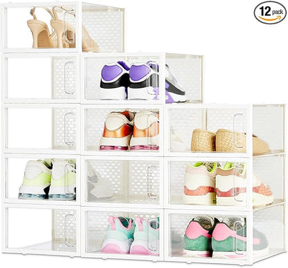 Amazon Basics Stackable and Foldable Clear Shoe Storage Organizer Box, Small, 12-Pack