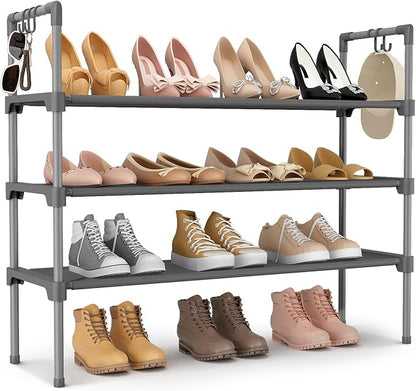 3 Tier Shoe Rack for Closet, Shoe Organizer with 5 Hooks, Long Shoe Shelf Storage for Shoe and Boot Stackable Free Standing Shoe Rack for Entryway, Garage, Small Spaces, Dorm, Grey