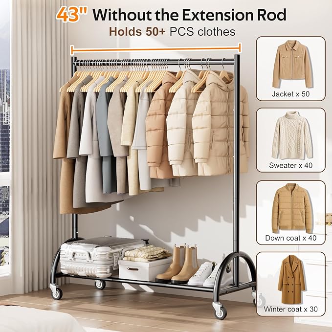 MISSLO Heavy Duty Clothing Rack with Wheels Rolling Clothes Racks for Hanging Clothes, Coats, Garment, Dress, Black