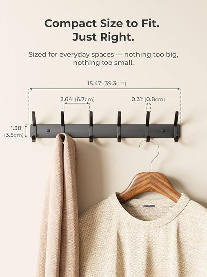 Coat Rack Wall Mount Hooks - 15 Inch Matte Black Metal 6-Hook Organizer Wall Mounted, Modern Kids Room, Entryway & Bathroom Hanger for Beach Towels, Coats, Purses, Bags (1 Pack)