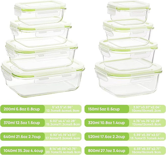 Vtopmart 8 Pack Glass Food Storage Containers with Lids (Grass Green)