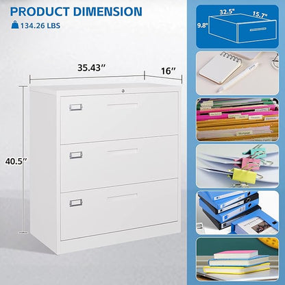Lateral File Cabinet 3 Drawer,Metal Storage File Cabinet with Lock,Steel Lateral File Cabinet for Legal/Letter A4 Size,Wide File Cabinet for Office Home,Assembly Required