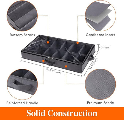 Lifewit Under Bed Shoe Storage Organizer Set of 2, 4.3 Inches Tall Low Profile Fabric Shoes Container Box with Clear Cover, Foldable Storage Bag with 2 Handles, Total Fits 24 Pairs of Shoes, Grey