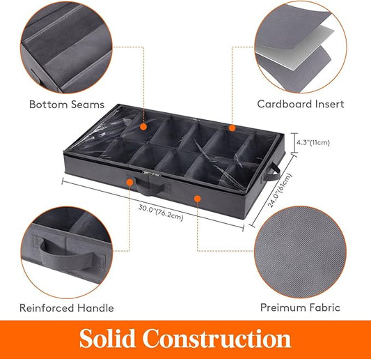 Lifewit Under Bed Shoe Storage Organizer Set of 2, 4.3 Inches Tall Low Profile Fabric Shoes Container Box with Clear Cover, Foldable Storage Bag with 2 Handles, Total Fits 24 Pairs of Shoes, Grey