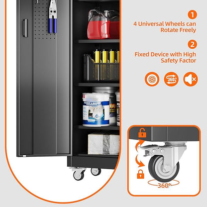 Aobabo 71" H×32" W×16" D Metal Storage Cabinet with Wheels, Garage Steel Storage Cabinet with 5 Adjustable Shelves and 4 Hooks for Home Office, Kitchen, Assembly Required, Black