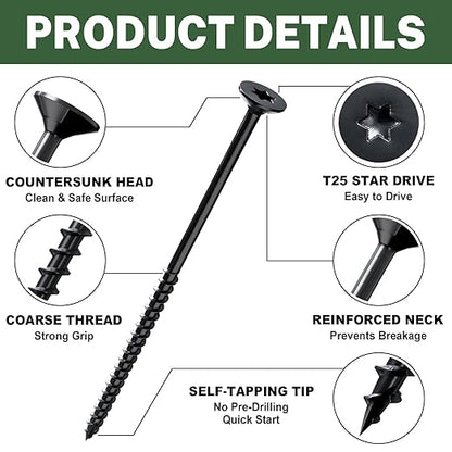 LIONMAX Deck Screws 4 Inch, Wood Screws #10 x 4, 300 PCS, Rust Resistant, Exterior Epoxy Coated, Outdoor Decking Screws, Torx/Star Drive Head Screw, T25 Star Bit Included, Black