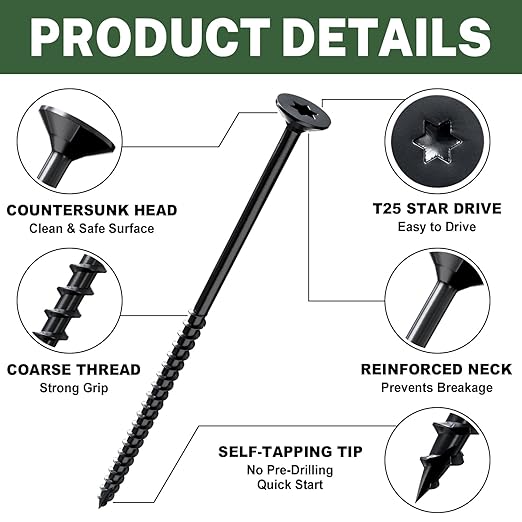 LIONMAX Deck Screws 4 Inch, Wood Screws #10 x 4, 100 PCS, Rust Resistant, Exterior Epoxy Coated, Outdoor Decking Screws, Torx/Star Drive Head Screw, T25 Star Bit Included, Black