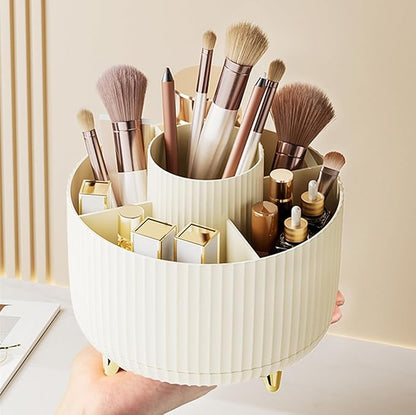 360 Degree Rotating Makeup Brush Holder Organizer Detachable Design 5 Slot Make up Brushes Cup for Cosmetics and Pencil Pen Organizer for Desk Makeup Organizer Skincare Storage for Vanity（Cream）