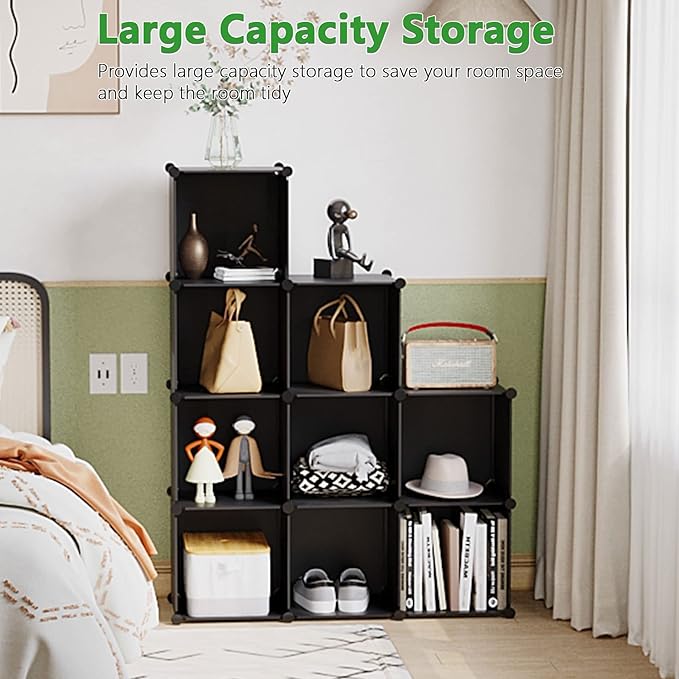 C&AHOME Cube Storage, 9-Cube Bookshelf, Plastic Closet Cabinet Organizer, DIY Stackable Bookcase, Modular Shelving Units Ideal for Home, Office, Kids Room, 36.6" L x 12.4" W x 48.4" H Black SHS3009A