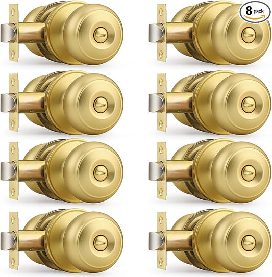 Probrico Brushed Brass Bed/Bath Knobs Keyless Privacy Interior Doors Locksets, Gold Door Knobs 8 Pack